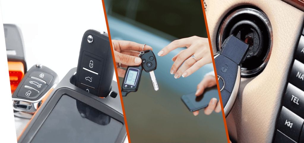 Three images show different car key types: key fobs in a holder, a person handing over keys, and a traditional key being inserted into an ignition.