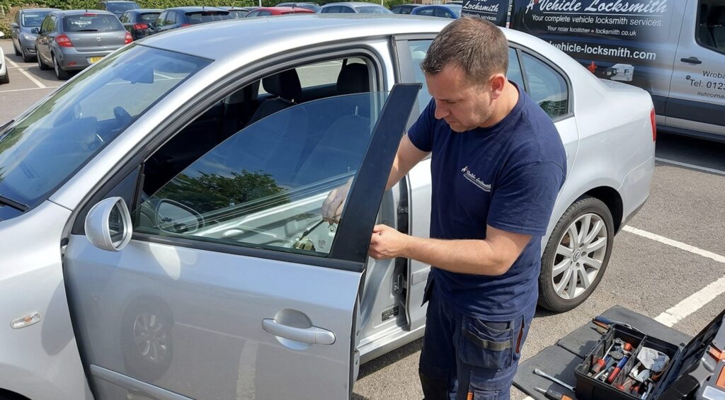 A Highland locksmith works on unlocking the driver’s door of a silver car in a parking lot, with tools and an open toolbox nearby, delivering trusted locksmith services.