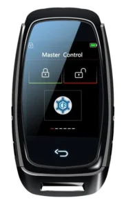 A close-up view of a modern electronic car key fob with a digital display showing lock, unlock, and control options—an essential accessory for advanced vehicle key cutting solutions.