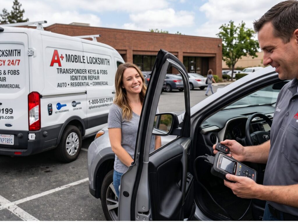 A locksmith uses a diagnostic tool on a car door for a Car Key Replacement while a woman stands nearby in a parking lot. A locksmith service van is parked in the background.